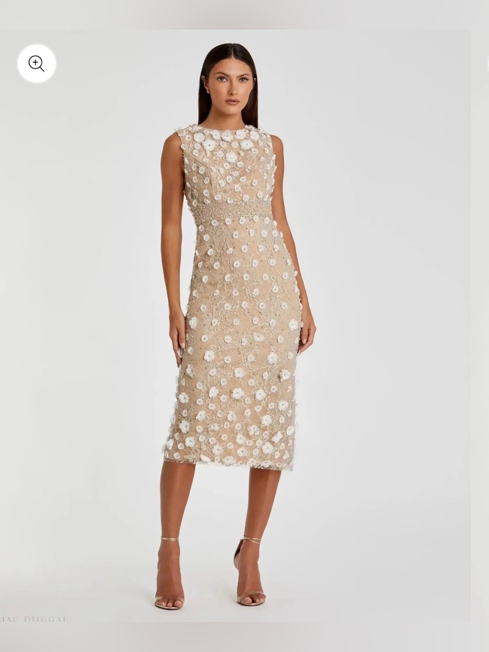 NWT Mac Duggal Ivory Nude 3D Floral Beaded Midi Cocktail Dress Sz 6 Style 67853